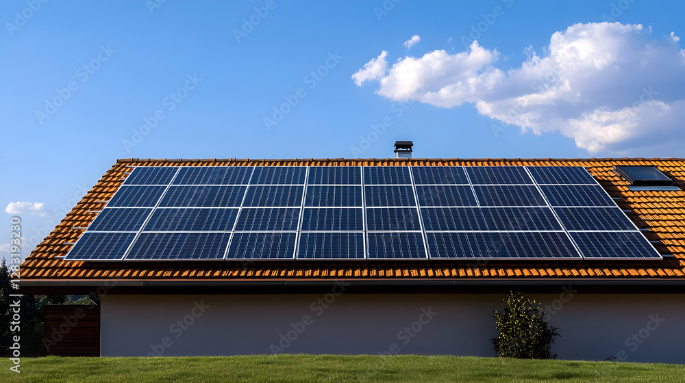 Solar Panel Installation on Residential Roof with Clear Blue Sky and Green Lawn