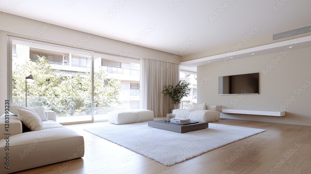 Fototapeta premium Modern apartment living room, sunny balcony view, minimalist design, home interior