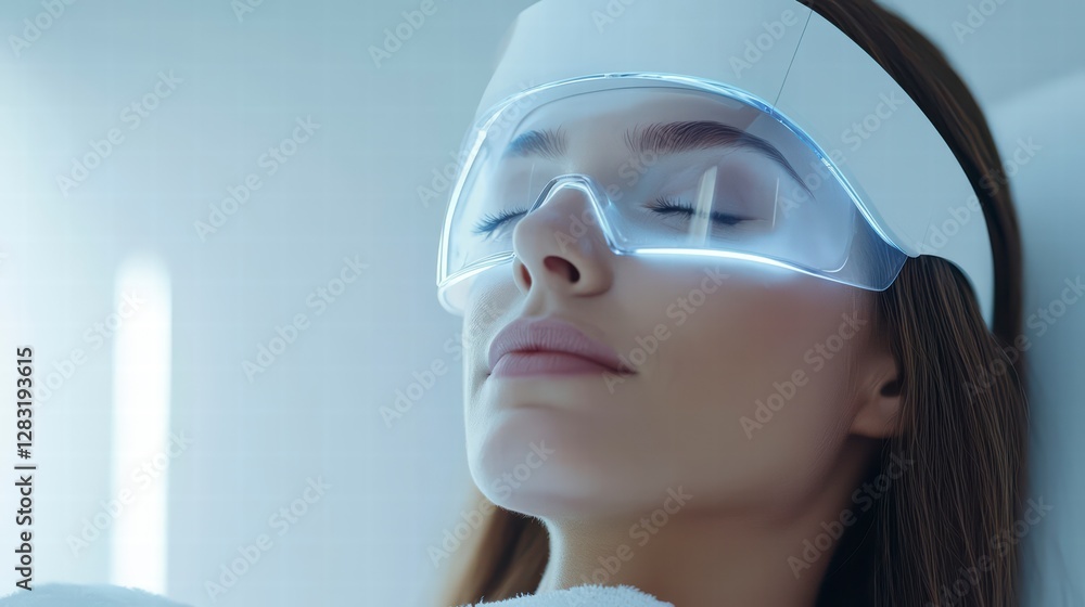Serene Rejuvenation: A close-up captures a woman with closed eyes wearing futuristic light therapy device, illuminating her face, reflecting the glow of innovation and health. Serene Rejuvenation: A close-up captures a woman with closed eyes wearing futuristic light therapy device, illuminating her face, reflecting the glow of innovation and health.