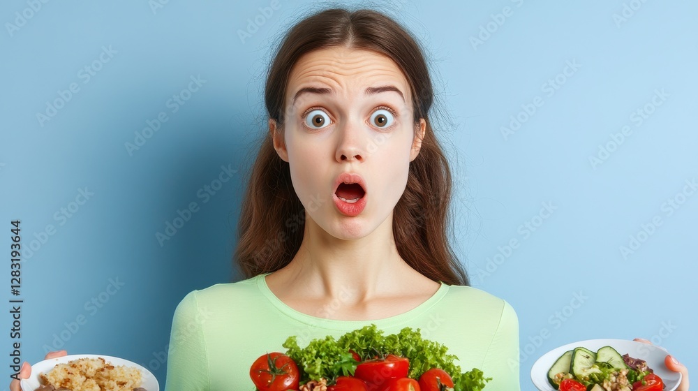 Surprised Woman with Bowls of Healthy Food Surprised Woman with Bowls of Healthy Food
