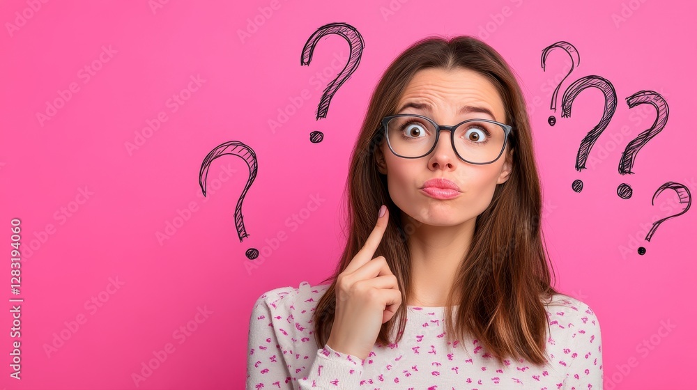 Thoughtful Woman Contemplating Questions on Pink Background Thoughtful Woman Contemplating Questions on Pink Background