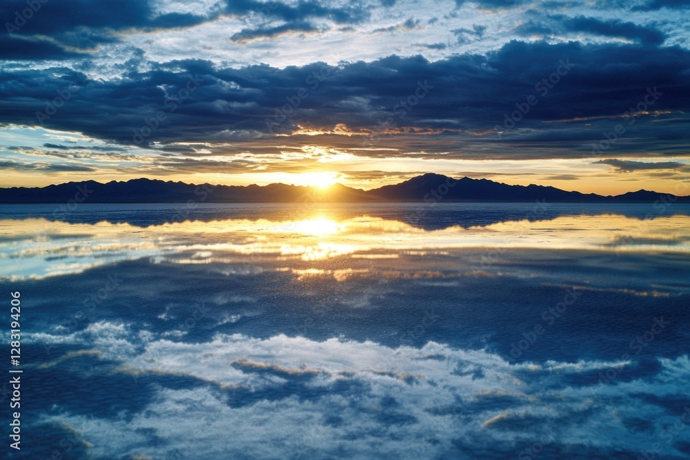 Fototapeta premium A serene sunset scene with calm waters and distant trees
