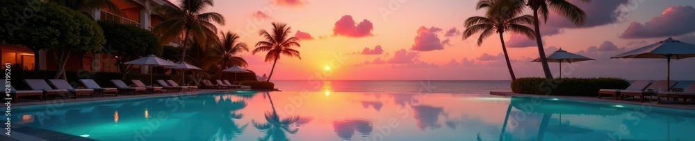 Resort pool during sunset with a few palm trees and a calm water surface, evening glow, warm light, serenity