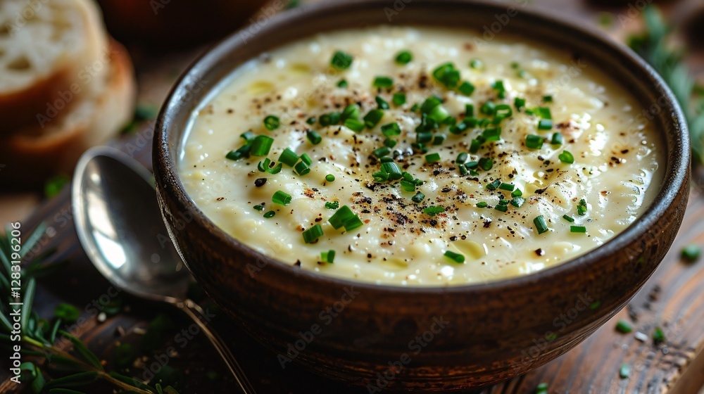 A cup of cream soupsteel spoonon a wood table. A cup of cream soupsteel spoonon a wood table.