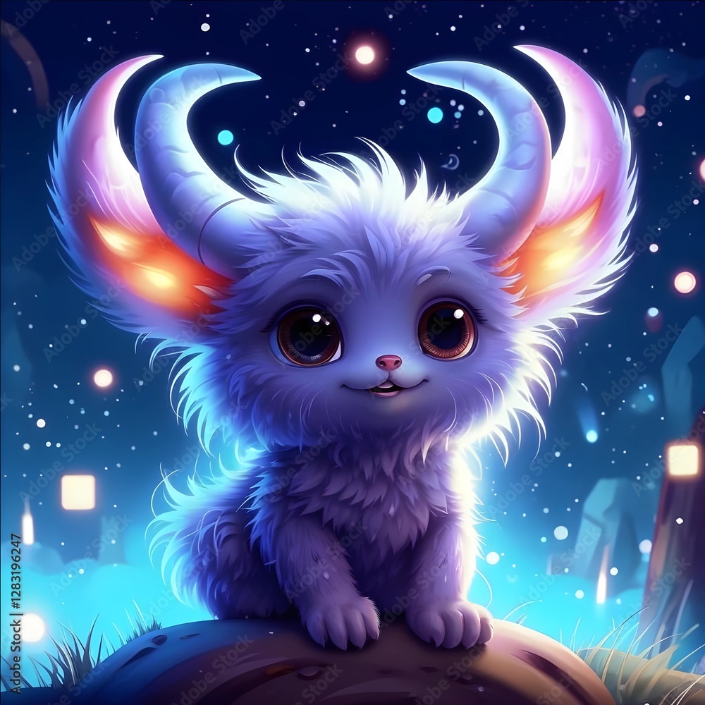 Fototapeta premium A glowing, magical creature with large blue eyes and fluffy fur sits on a rock under a starry night sky. It has ethereal double horns, a mystical forehead emblem, and a fantasy-like aura.