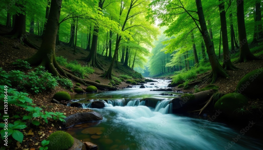 Obraz premium River flowing through dense forest with tree trunks and branches, Dense Forest, Trees, Landscape
