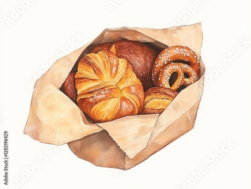 Watercolor Painting of Assorted Baked Goods in Brown Paper Bag