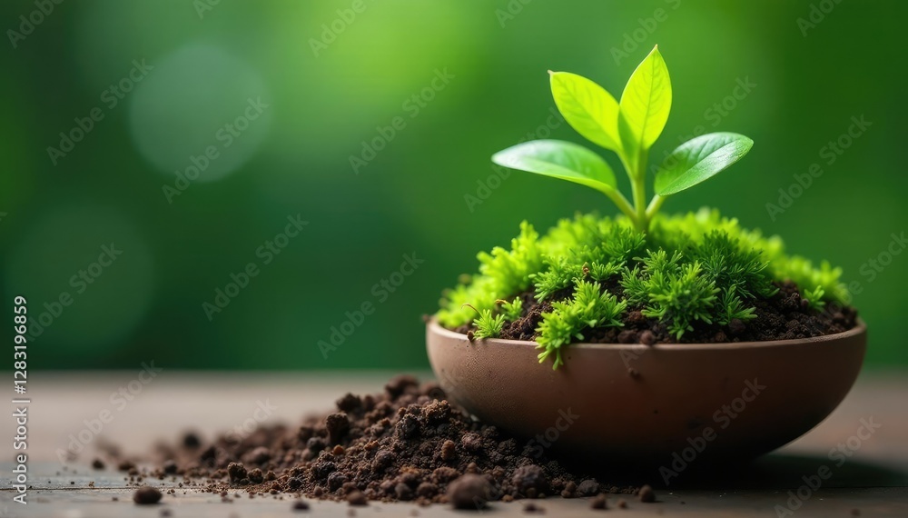 Soft green moss layer on top of compost pile in small pot, plant, moss, compost Soft green moss layer on top of compost pile in small pot, plant, moss, compost