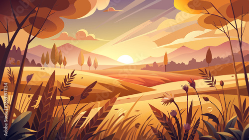 Abstract warm landscape of dry wildflower and grass meadow on warm golden hour sunset or sunrise time. Tranquil autumn fall nature field background. Soft golden hour sunlight panoramic 