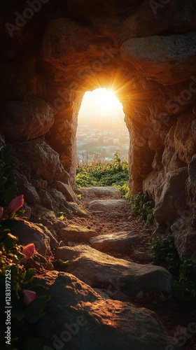 Wallpaper Mural A breathtaking view through a stone archway, capturing the warm glow of sunset amidst lush greenery. Torontodigital.ca