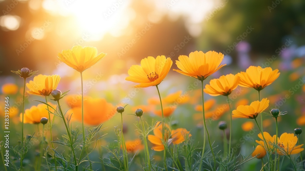Golden flowers field sunset glow Golden flowers field sunset glow