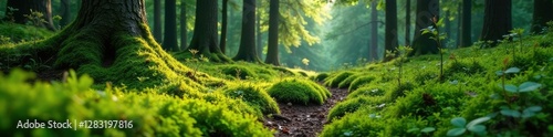 Soft moss carpets the forest floor amidst towering conifers, greenery, trees, wilderness