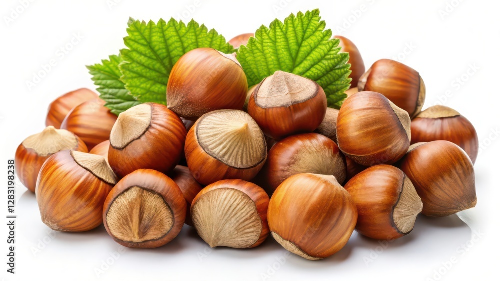 Hazelnuts with Leaves on White Background Hazelnuts with Leaves on White Background
