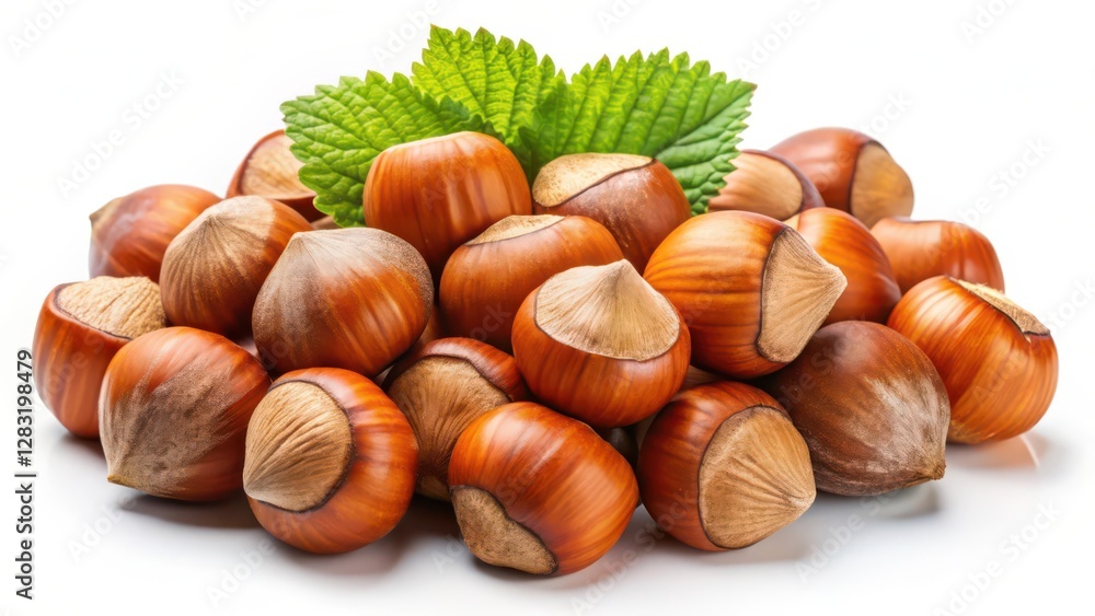 Hazelnuts with Leaves on White Background Hazelnuts with Leaves on White Background
