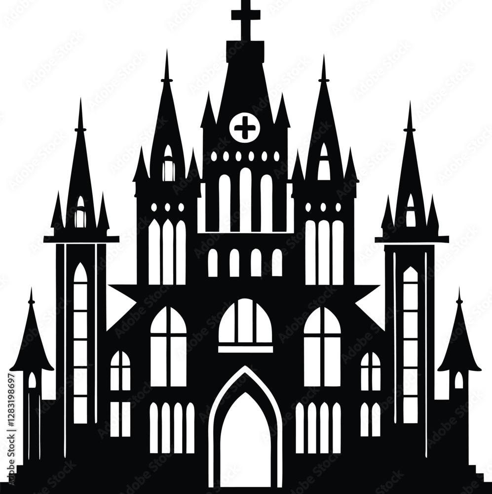 Fototapeta premium Gothic Architecture Silhouette, Black Gothic Castle Icon Vector on White Background.