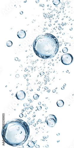 Abstract image of various sized bubbles rising on a transparent background. Light blue and white bubbles of water against a transparent background