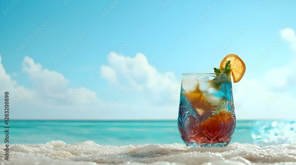 Refreshing Blue Cocktail On A Sandy Beach With Ocean And Sky Background Refreshing Blue Cocktail On A Sandy Beach With Ocean And Sky Background
