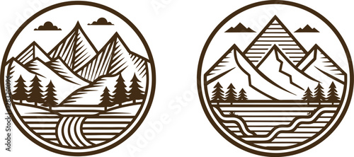 Set Of Vintage Mountain and River Emblem, Rounded Line Art Outdoor Logo Vector on White Background.