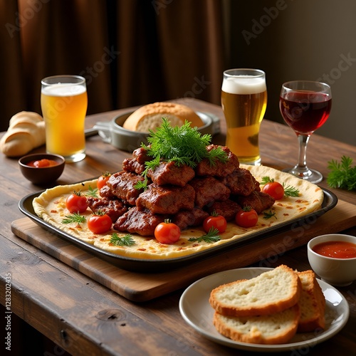 Savory Meat Dish in Rustic Style with Warm Colors for a Hearty Meal against a Wooden Table