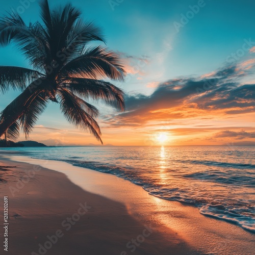 Sunset at a serene beach with palm trees and gentle waves reflecting orange hues in the sky during evening hours. Generative AI