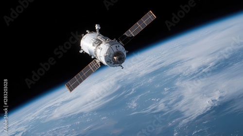 Fototapeta Naklejka Na Ścianę i Meble -  Spacecraft orbiting Earth, black background.  Possible use Science education, astronomy visual