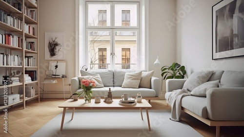 Cozy and inviting Scandinavian inspired living room design featuring a comfortable fabric sofa warm wooden flooring and large windows that allow natural light to flood the space photo