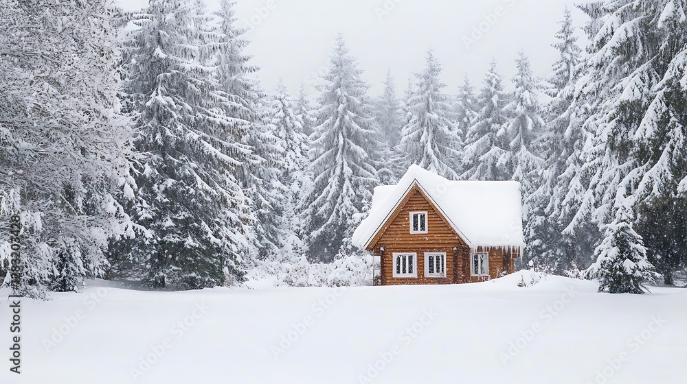 Naklejka premium Wooden Cabin Nestled In A Snowy Winter Forest