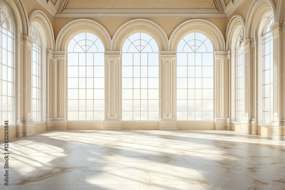 Sunlit Elegant Room with Arch Windows and Marble Floor Interior Design Sunlit Elegant Room with Arch Windows and Marble Floor Interior Design