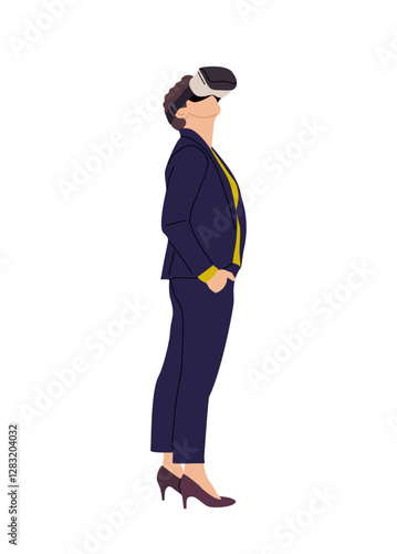 Business woman in virtual reality headset. Young woman in suit wearing digital glasses travel in metaverse. Modern technologies. Flat Vector illustration isolated on transparent background.