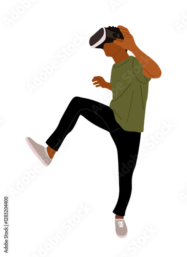 Young man in virtual reality headset. Black guy in casual clothes wearing digital glasses travel in metaverse. Modern technologies. Flat Vector illustration isolated 