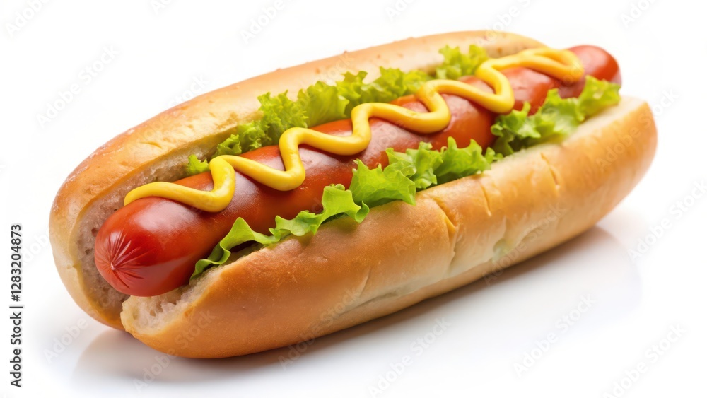 Hot Dog with Mustard and Lettuce on White Background Hot Dog with Mustard and Lettuce on White Background