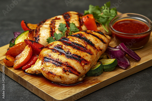 Grilled chicken with vegetables and spicy sauce on a wooden board photo