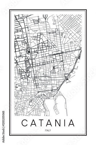 Printable downtown road map poster of the Italian city of CATANIA on solid white background with city name
