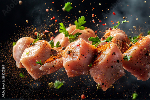 Pieces of raw chicken meat in flight with bright spices and herbs photo