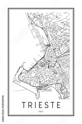 Printable downtown road map poster of the Italian city of TRIESTE on solid white background with city name