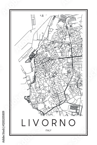 Printable downtown road map poster of the Italian city of LIVORNO on solid white background with city name