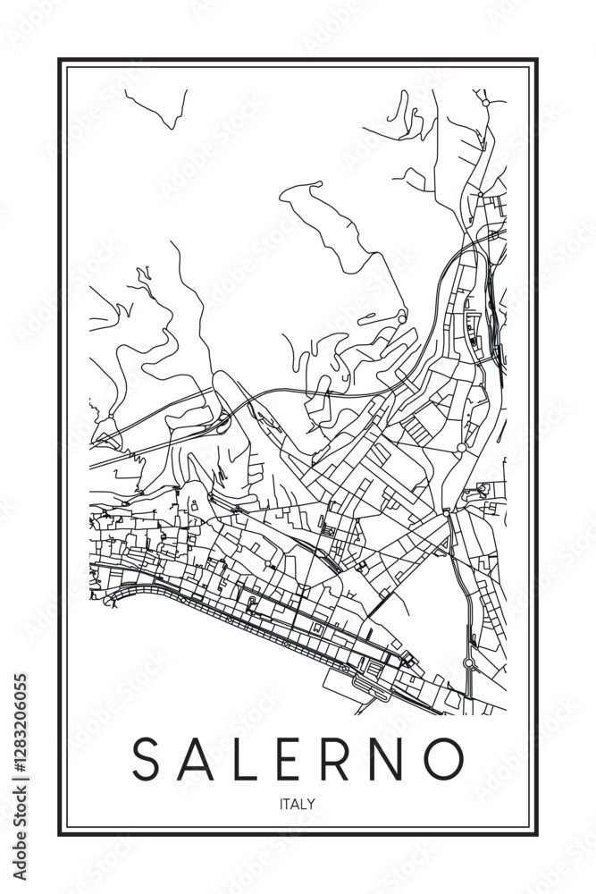 Obraz premium Printable downtown road map poster of the Italian city of SALERNO on solid white background with city name
