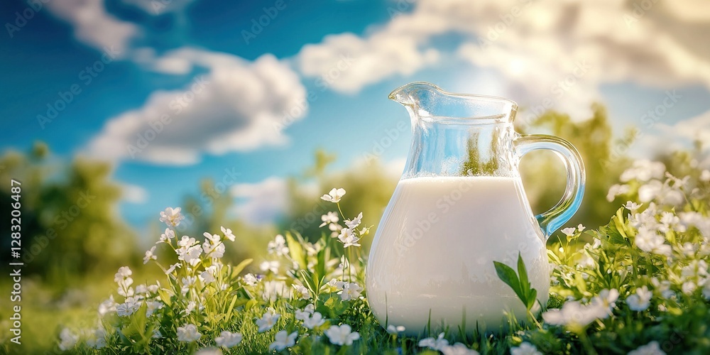 Fresh Milk in Glass Pitcher sits in Sunny Meadow, surrounded by blooming white Flowers Fresh Milk in Glass Pitcher sits in Sunny Meadow, surrounded by blooming white Flowers