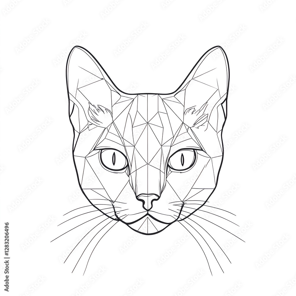 Obraz premium Geometric Cat Portrait: A captivating line drawing of a feline face, showcasing intricate geometric details against a stark white background.