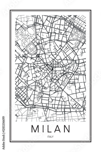 Printable downtown road map poster of the Italian city of MILAN on solid white background with city name