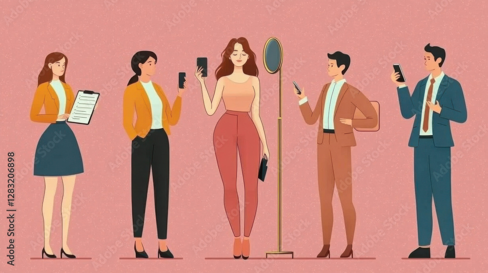 Fototapeta premium A vibrant illustration of diverse professionals engaging with technology, showcasing modern communication in a stylish workspace.