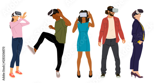 Set of diverse people in virtual reality headset. Different Men and women wearing digital glasses travel in metaverse. Modern technologies. Flat Vector illustrations isolated