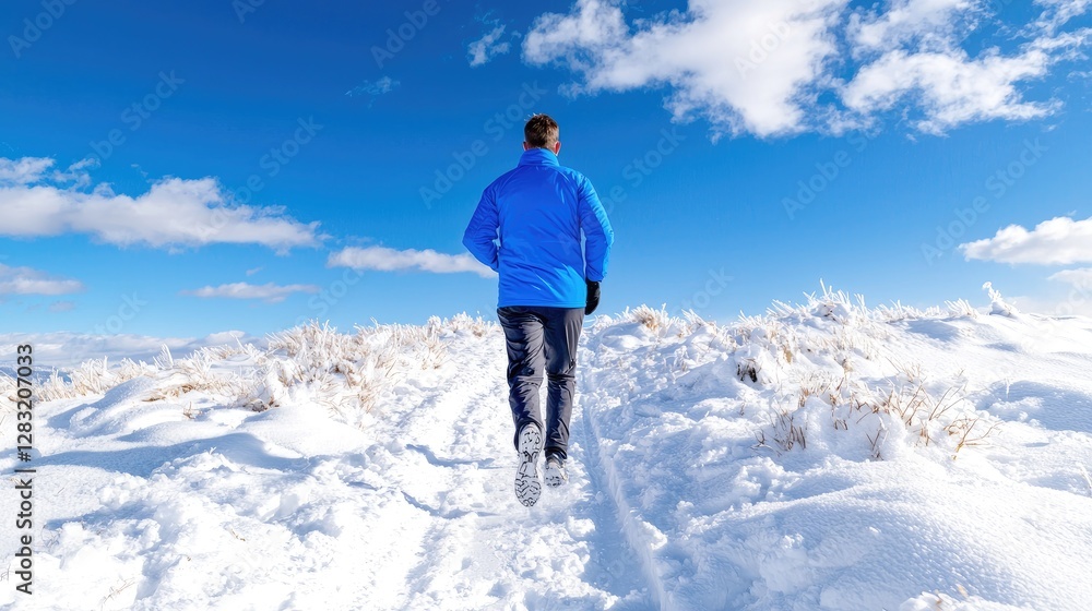 Man jogging snowy mountain trail, winter sun Man jogging snowy mountain trail, winter sun