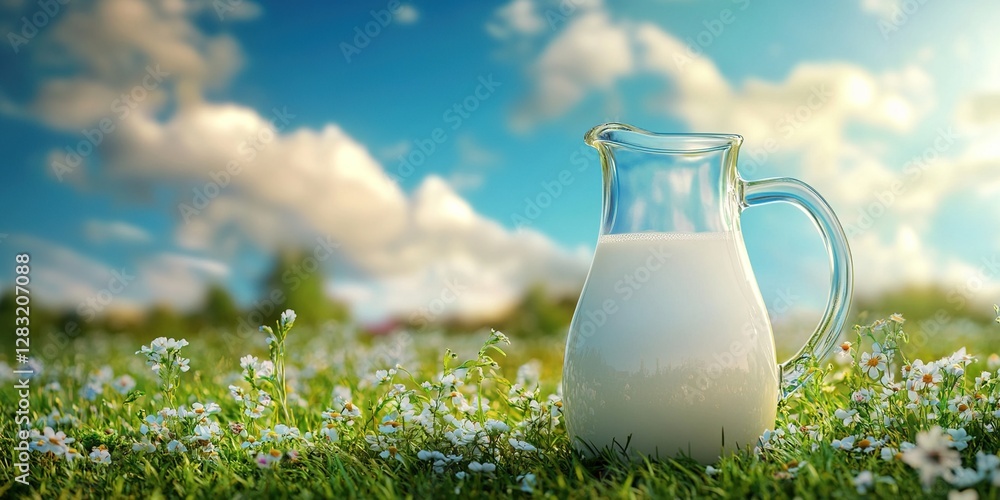 Fresh Milk in Glass Pitcher Sits Amongst Spring Flowers Under a Sunny Sky Fresh Milk in Glass Pitcher Sits Amongst Spring Flowers Under a Sunny Sky