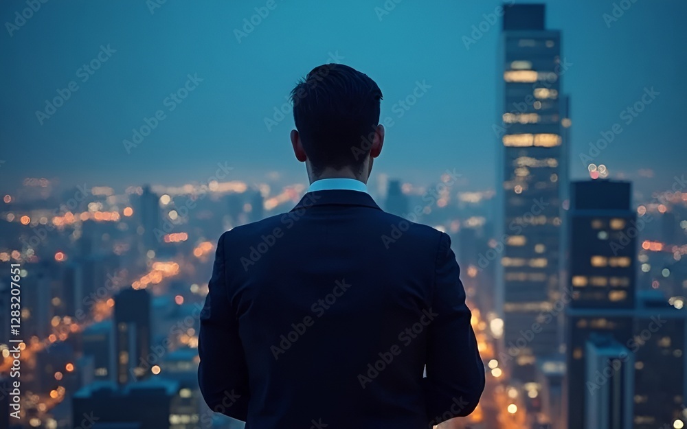 A modern businessman standing on a skyscraper rooftop at night A modern businessman standing on a skyscraper rooftop at night