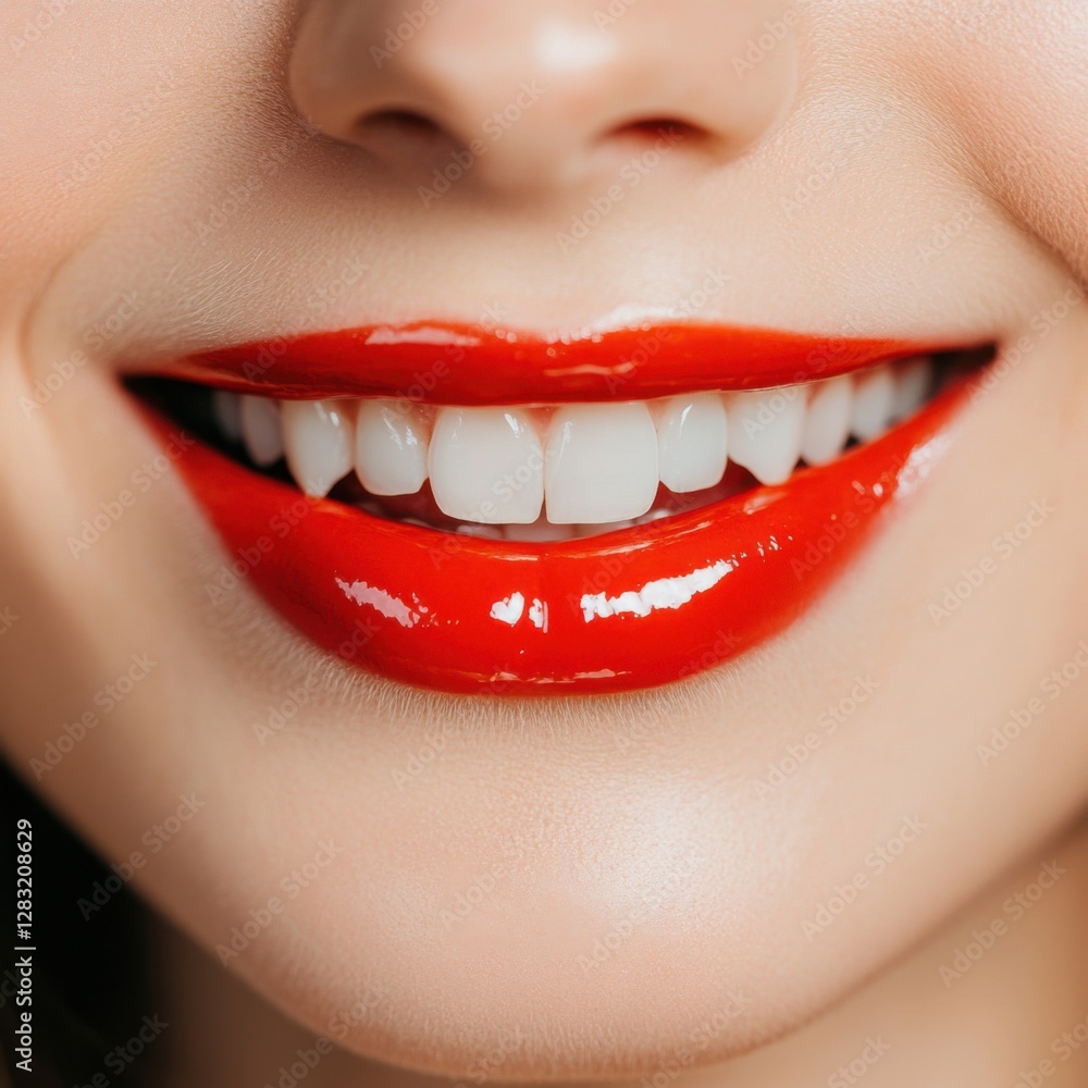 Fototapeta premium close up of a smiling woman with freshly applied lipstick