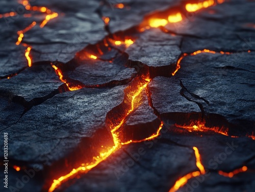 Molten lava flows through cracked earth surface. Background shows volcanic landscape. Use for science, education, or environmental concepts photo