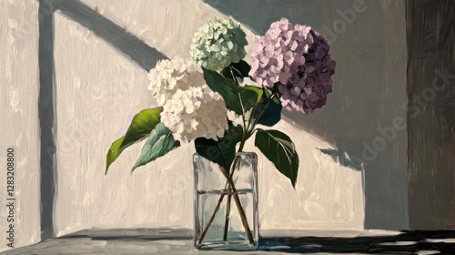 A serene still life featuring hydrangeas in soft pastel shades, illuminated by gentle light, evoking tranquility and elegance.