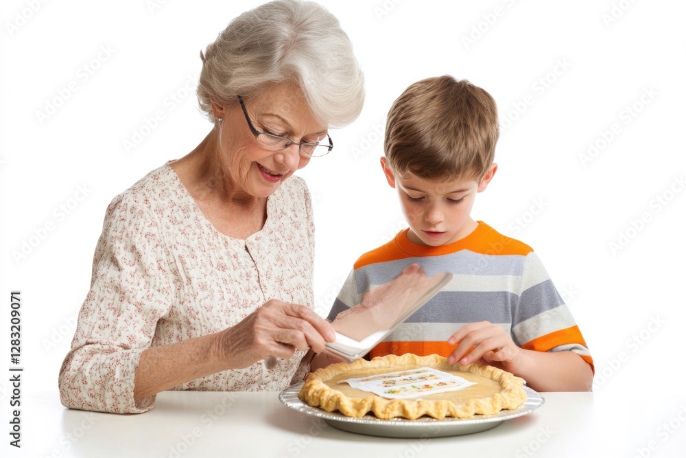 Senior woman and young boy share a moment while cutting a cake, possibly for a birthday or special occasion Senior woman and young boy share a moment while cutting a cake, possibly for a birthday or special occasion