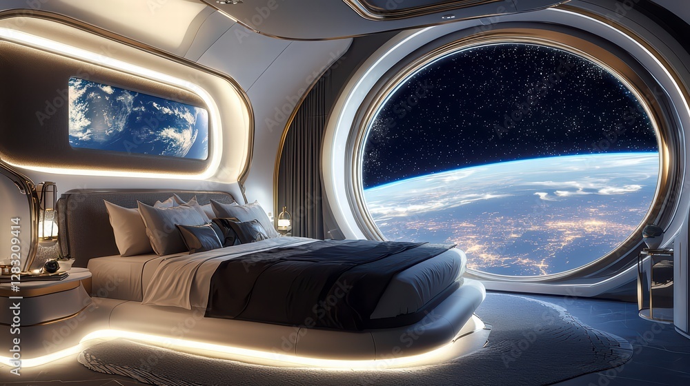 Obraz premium Luxury Space Habitation: An interior view of a luxurious space habitat bedroom, showcasing a panoramic view of Earth, a modern bed, and advanced technology elements.